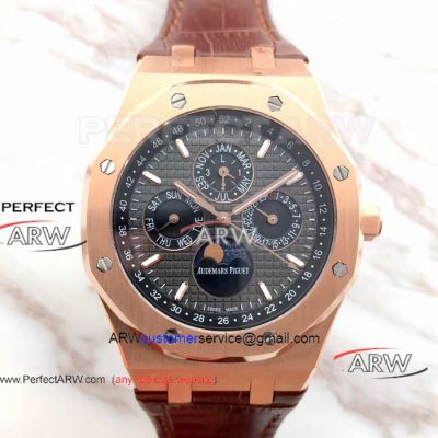 Perfect Replica Audemars Piguet Royal Oak Perpetual Calendar Watch Rose Gold Brown Leather strap